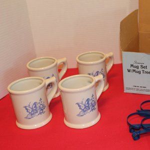 STONEWARE MUG SET WITH MUG TREE Vintage NEW WITH Box